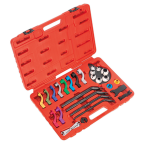 The Sealey Fuel & Air Conditioning Disconnection Tool Kit 27pc (VS0557) features a red plastic case with an array of multi-colored car fuel line disconnect tools and various other automotive hand tools, ensuring broad vehicle compatibility.