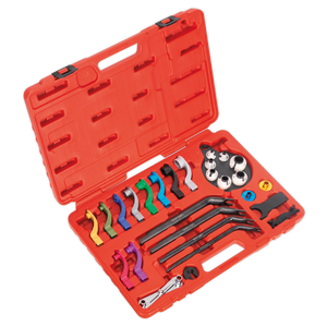 The Sealey Fuel & Air Conditioning Disconnection Tool Kit 27pc (VS0557) features a red plastic case with an array of multi-colored car fuel line disconnect tools and various other automotive hand tools, ensuring broad vehicle compatibility.