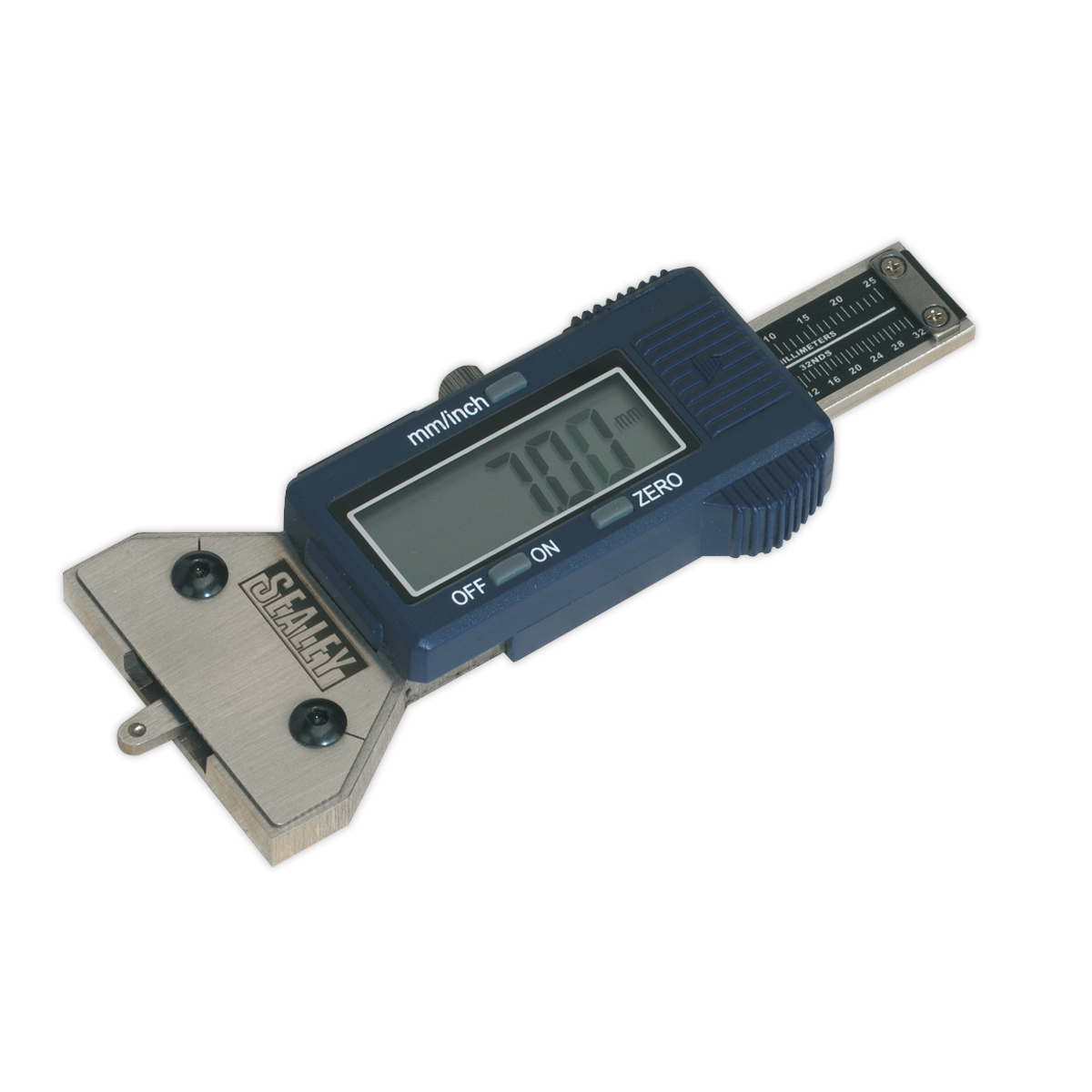 Displaying a measurement, the Digital Tyre Tread Depth Gauge - VS0560 from Sealey features a blue and silver stainless steel design with precise measurement markings, an LCD display, and buttons labeled "OFF," "ON," and "ZERO.