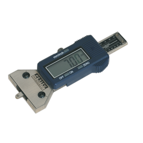 Displaying a measurement, the Digital Tyre Tread Depth Gauge - VS0560 from Sealey features a blue and silver stainless steel design with precise measurement markings, an LCD display, and buttons labeled "OFF," "ON," and "ZERO.