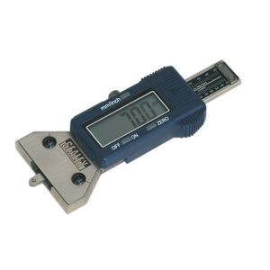 Displaying a measurement, the Digital Tyre Tread Depth Gauge - VS0560 from Sealey features a blue and silver stainless steel design with precise measurement markings, an LCD display, and buttons labeled "OFF," "ON," and "ZERO.