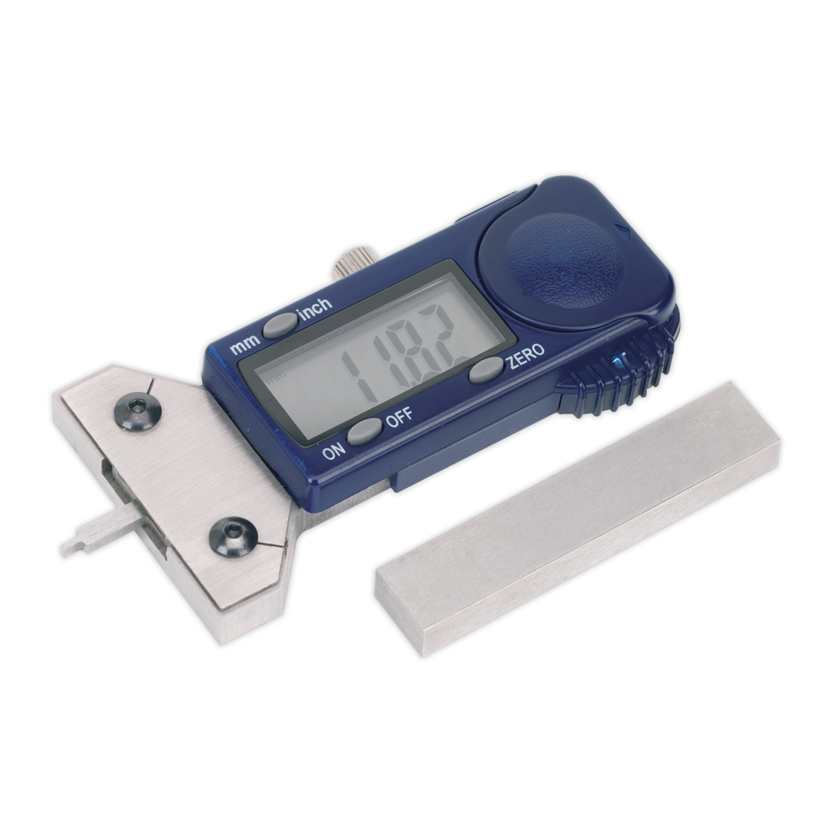 A Sealey DVSA-approved Digital Tyre Tread Depth Gauge (VS0563) with a stainless steel gauge and a separate rectangular metal block displays a calibrated measurement of 11.82 on its screen.