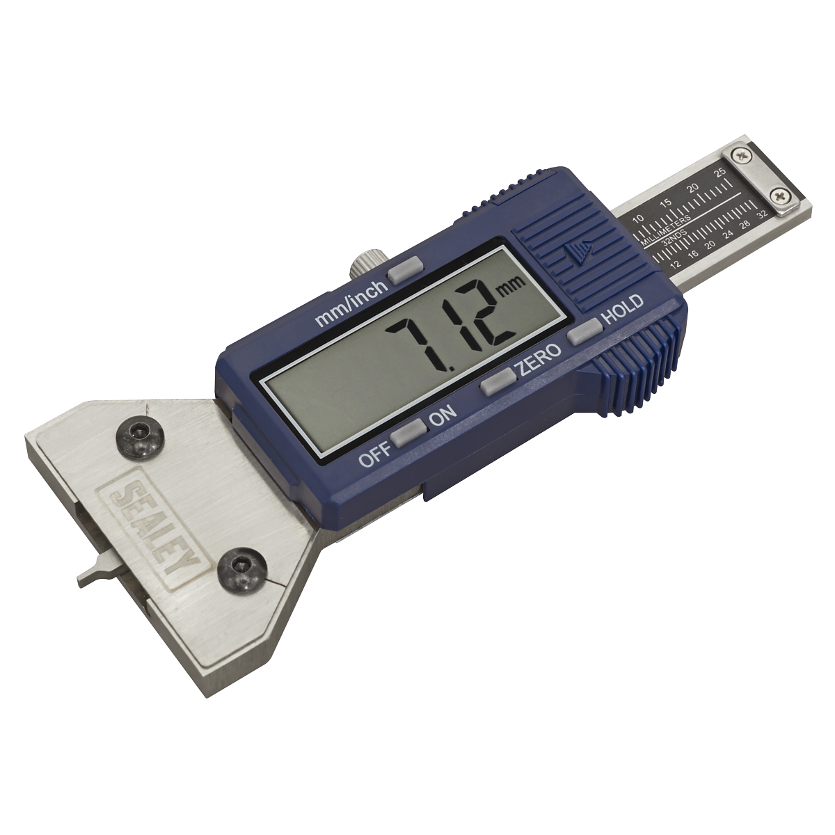 The Sealey Digital Tyre Tread Depth Gauge - Pin Tip (VS0565) displays a reading of 71.12 mm on its LCD screen. The blue gauge is equipped with a stainless steel measuring jaw and has several buttons, including "ON," "ZERO," and "HOLD." It provides both metric and imperial calibration for versatile use.