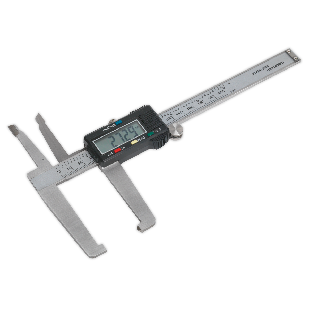 The Sealey Digital Brake Disc & Drum Caliper 150mm/6" - VS0566, featuring a stainless steel body and a sliding scale with digital readout capabilities, displays 21.729 mm on its LCD screen and includes a calibration certificate for precision measurement.