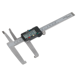 The Sealey Digital Brake Disc & Drum Caliper 150mm/6" - VS0566, featuring a stainless steel body and a sliding scale with digital readout capabilities, displays 21.729 mm on its LCD screen and includes a calibration certificate for precision measurement.