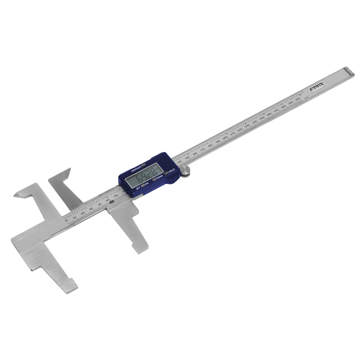 The Sealey Digital Brake Disc & Drum Caliper 300mm/12" - VS0567, equipped with an LCD display and extended measuring jaws, is designed for precise measurement in both millimeters and inches. This stainless steel gauge guarantees accurate results every time.