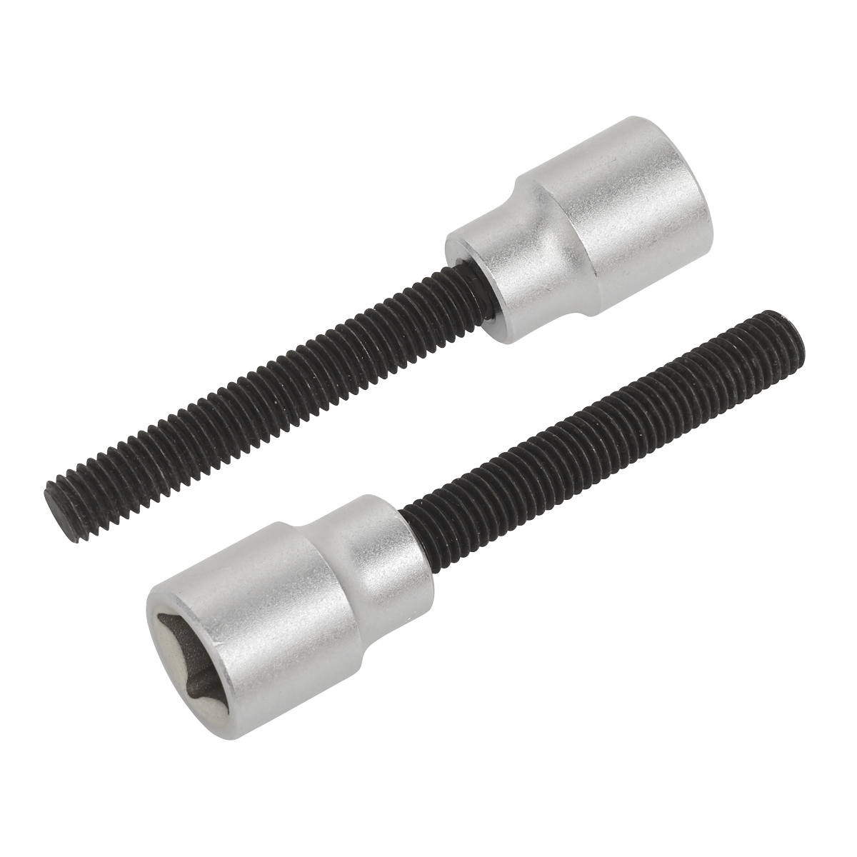 The Sealey 2pc 3/8"Sq Drive Brake Drum Remover - VS0572 is displayed on a white background, featuring two silver M8 x 1.25mm socket head cap screws with black threaded shafts, ideal for removing stuck brake drums.