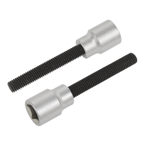 The Sealey 2pc 3/8"Sq Drive Brake Drum Remover - VS0572 is displayed on a white background, featuring two silver M8 x 1.25mm socket head cap screws with black threaded shafts, ideal for removing stuck brake drums.