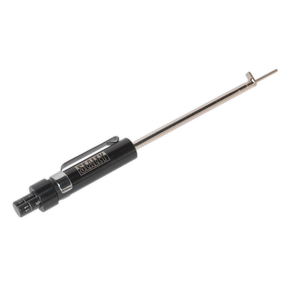 The Sealey Brake Pad Thickness Gauge - VS058, featuring a black and metallic design with a cylindrical handle, includes a toggle switch and a small hook at the end, making it an essential addition to any garage.