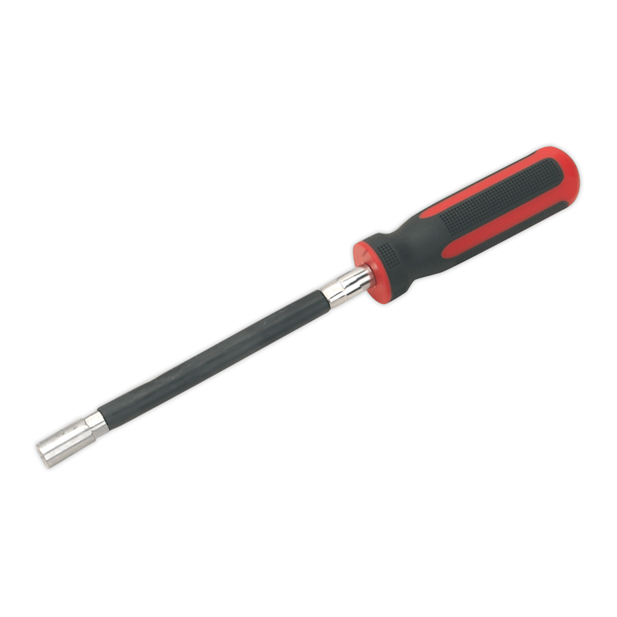 The Flexible Hose Clip Nut Driver 7mm - VS062 from Sealey features a long, flexible shaft and a rubberized handle in black and red, making it ideal for professional use.