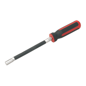 The Flexible Hose Clip Nut Driver 7mm - VS062 from Sealey features a long, flexible shaft and a rubberized handle in black and red, making it ideal for professional use.