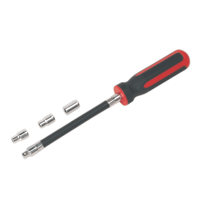 A Sealey Flexible Hose Clip Nut Driver Set (4pc 5, 6 & 7mm - VS063), featuring a black and red handle, an extended flexible shaft driver, and three different-sized interchangeable hex bits (5mm, 6mm, and 7mm), on a white background—perfect for professional use.