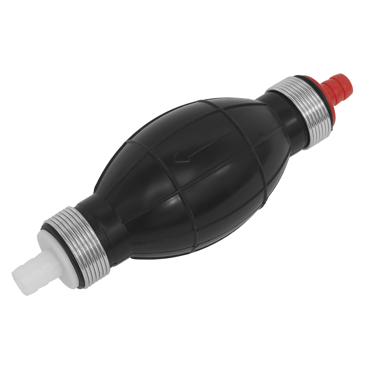 A black rubber bulb hand pump, the Fluid Transfer Tool Fast Flow - VS070 by Sealey, comes with threaded connectors on both ends and is perfect for fluid transfer. It features a white tip on one end and a red tip on the other.