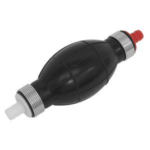 A black rubber bulb hand pump, the Fluid Transfer Tool Fast Flow - VS070 by Sealey, comes with threaded connectors on both ends and is perfect for fluid transfer. It features a white tip on one end and a red tip on the other.