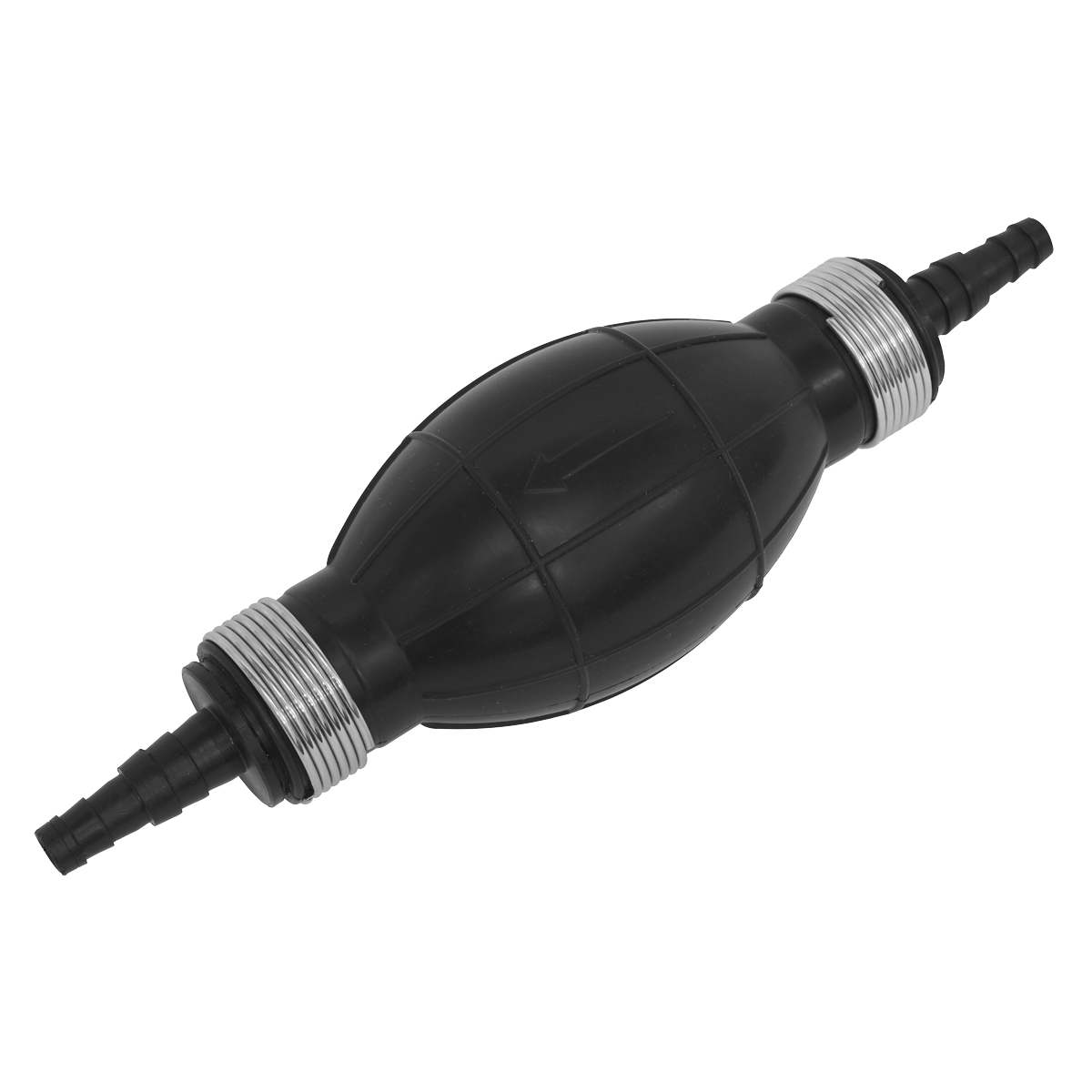 A Fuel Pump Priming Tool - VS071 by Sealey, in black rubber, comes with two attachable ends featuring ribbed connectors, making it ideal for fuel line maintenance in commercial vehicles.