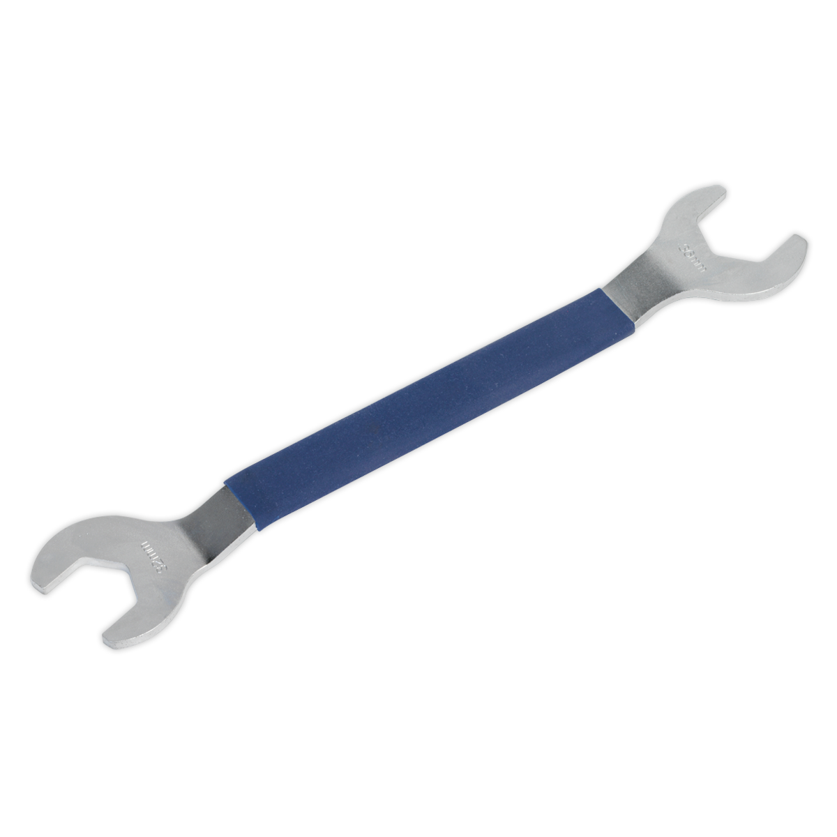 The Sealey Viscous Fan Hub Tool 32 & 36mm - VS0923, with its blue handle and dual U-shaped jaws of different sizes at each end, is perfect for working on BMW or Ford vehicles.