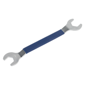 The Sealey Viscous Fan Hub Tool 32 & 36mm - VS0923, with its blue handle and dual U-shaped jaws of different sizes at each end, is perfect for working on BMW or Ford vehicles.