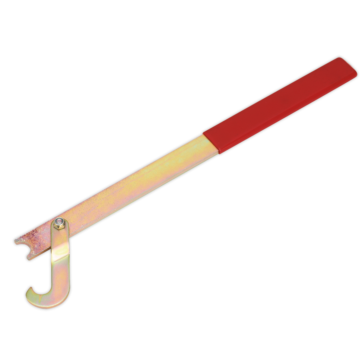 Close-up of the Sealey Viscous Fan Holding Tool - VS095, featuring a vinyl dipped red handle, designed for adjusting or fastening circular objects and removing retaining nuts.