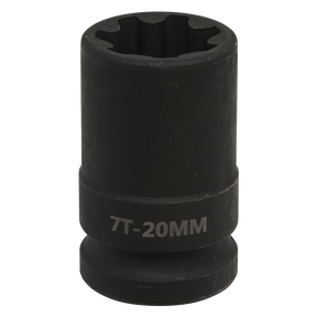 A black, cylindrical Brake Caliper Socket by Sealey, featuring a 20mm size and 7-point internal grooves with "VS0986" labeled on the side, perfect for use with a 1/2" square drive.