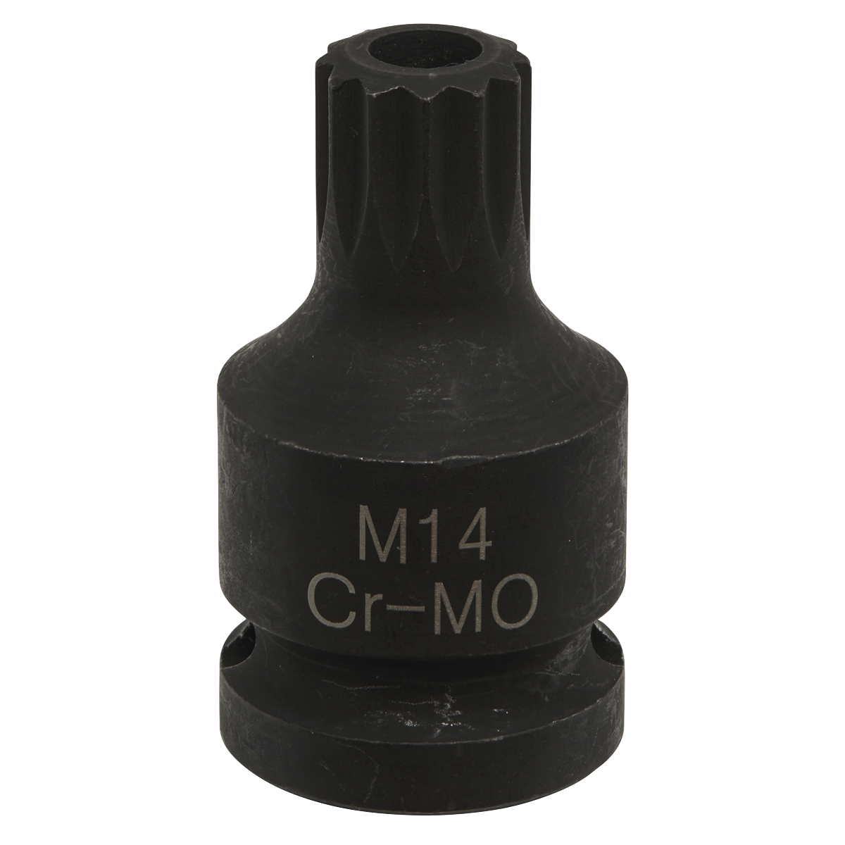 A black Sealey VS0987 Brake Caliper Spline Bit Socket M14 1/2"Sq Drive featuring a 12-point star pattern on the top end, ideal for brake calipers in VAG vehicles.