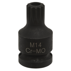A black Sealey VS0987 Brake Caliper Spline Bit Socket M14 1/2"Sq Drive featuring a 12-point star pattern on the top end, ideal for brake calipers in VAG vehicles.