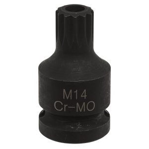 A black Sealey VS0987 Brake Caliper Spline Bit Socket M14 1/2"Sq Drive featuring a 12-point star pattern on the top end, ideal for brake calipers in VAG vehicles.