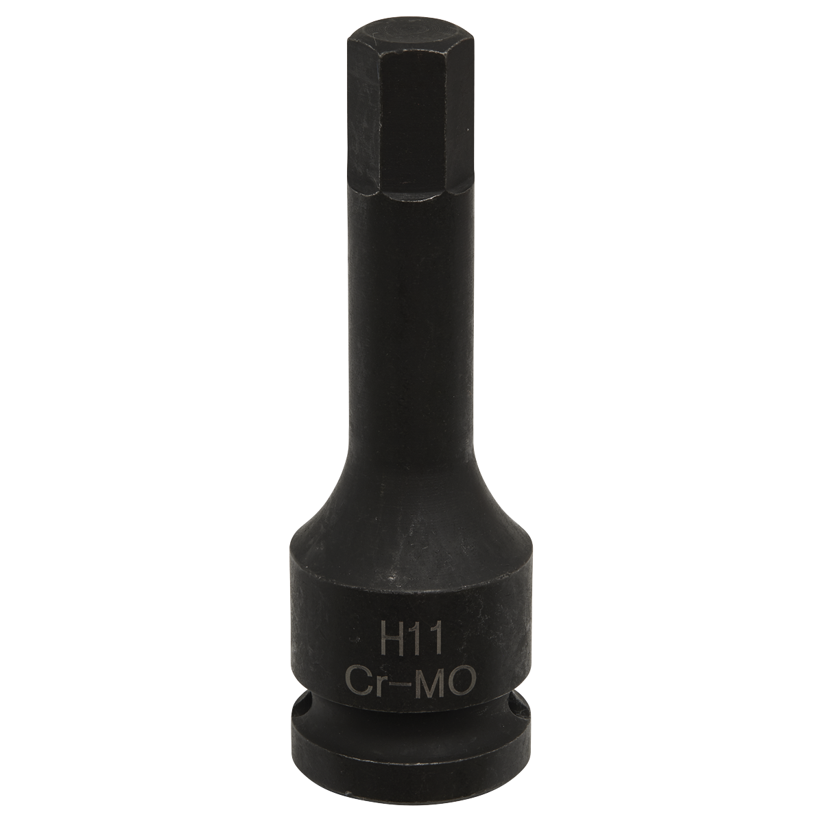 The Sealey Brake Caliper Socket 11mm Hex 1/2"Sq Drive - VS0988 features a black H11 Cr-MO hex socket bit with a six-sided head and a cylindrical base, making it ideal for working on brake caliper fixing bolts.