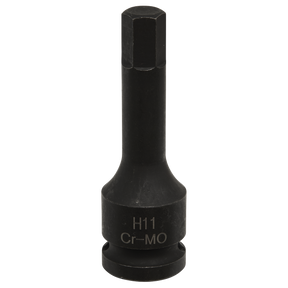 The Sealey Brake Caliper Socket 11mm Hex 1/2"Sq Drive - VS0988 features a black H11 Cr-MO hex socket bit with a six-sided head and a cylindrical base, making it ideal for working on brake caliper fixing bolts.