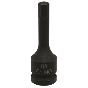 The Sealey Brake Caliper Socket 9mm 1/2"Sq Drive - VS0989 is a black H9 Cr-MO hexagon socket bit with a square drive base, designed for use with socket wrenches and is ideal for brake caliper sockets on Mercedes BMW Jaguar vehicles.