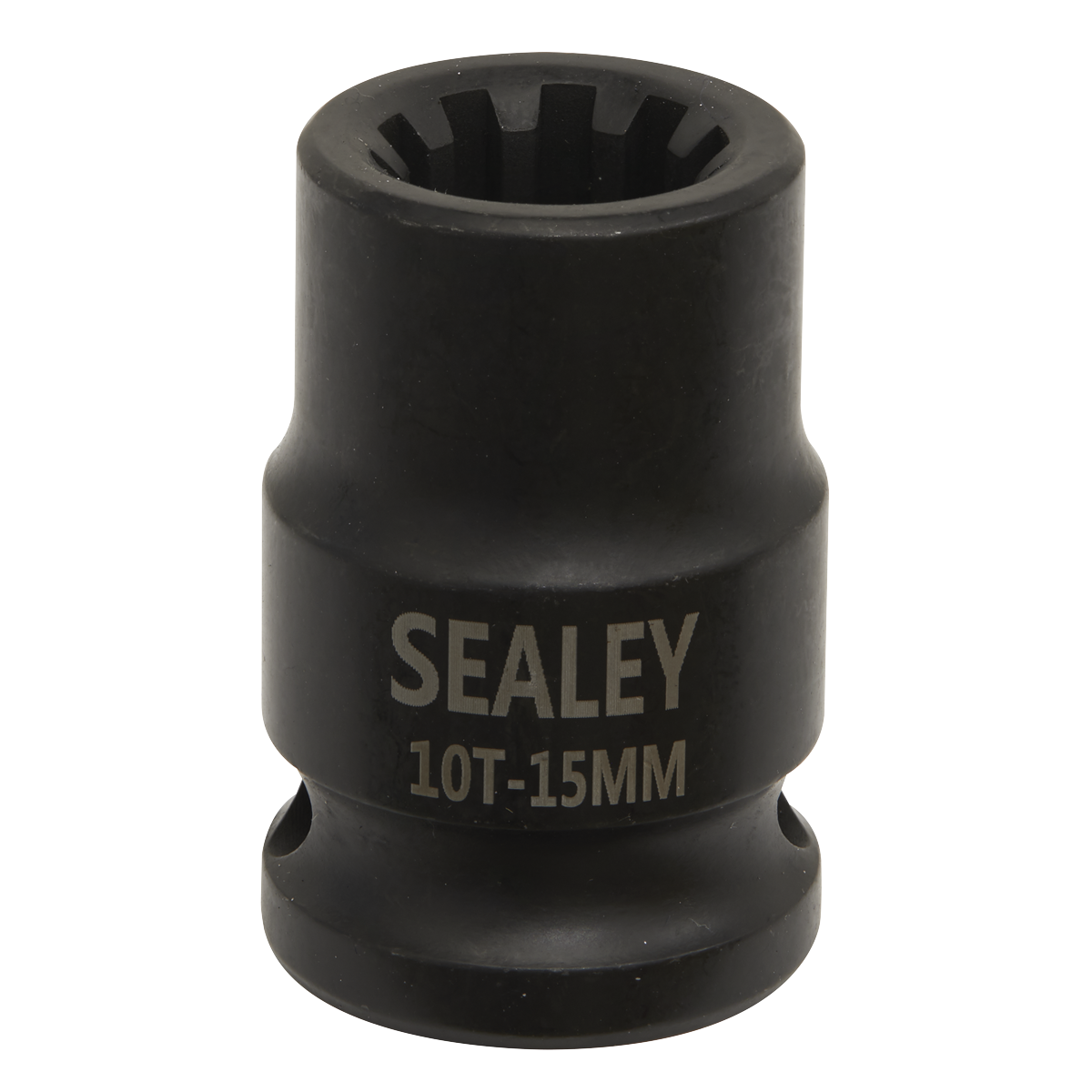 A black Sealey Brake Caliper Socket 1/2"Sq Drive 15mm 10-Point (VS0990), crafted from durable Chrome Molybdenum and designed for use on VAG vehicles, is shown on a white background.