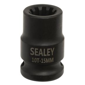 A black Sealey Brake Caliper Socket 1/2"Sq Drive 15mm 10-Point (VS0990), crafted from durable Chrome Molybdenum and designed for use on VAG vehicles, is shown on a white background.