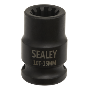 A black Sealey Brake Caliper Socket 1/2"Sq Drive 15mm 10-Point (VS0990), crafted from durable Chrome Molybdenum and designed for use on VAG vehicles, is shown on a white background.