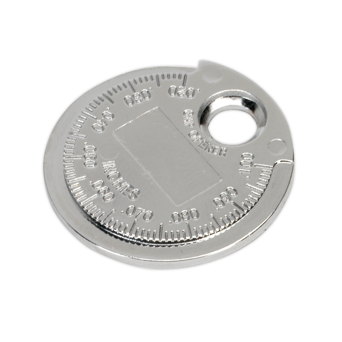 The Sealey Spark Plug Gapper Circular Ramp Type 0.6-2.4mm (0.020" to 0.100") - VS119 features numerical markings in both Imperial and Metric measurements, a central rectangular groove, and a round hole near its edge; ideal for mechanics to effortlessly adjust spark plug gaps.