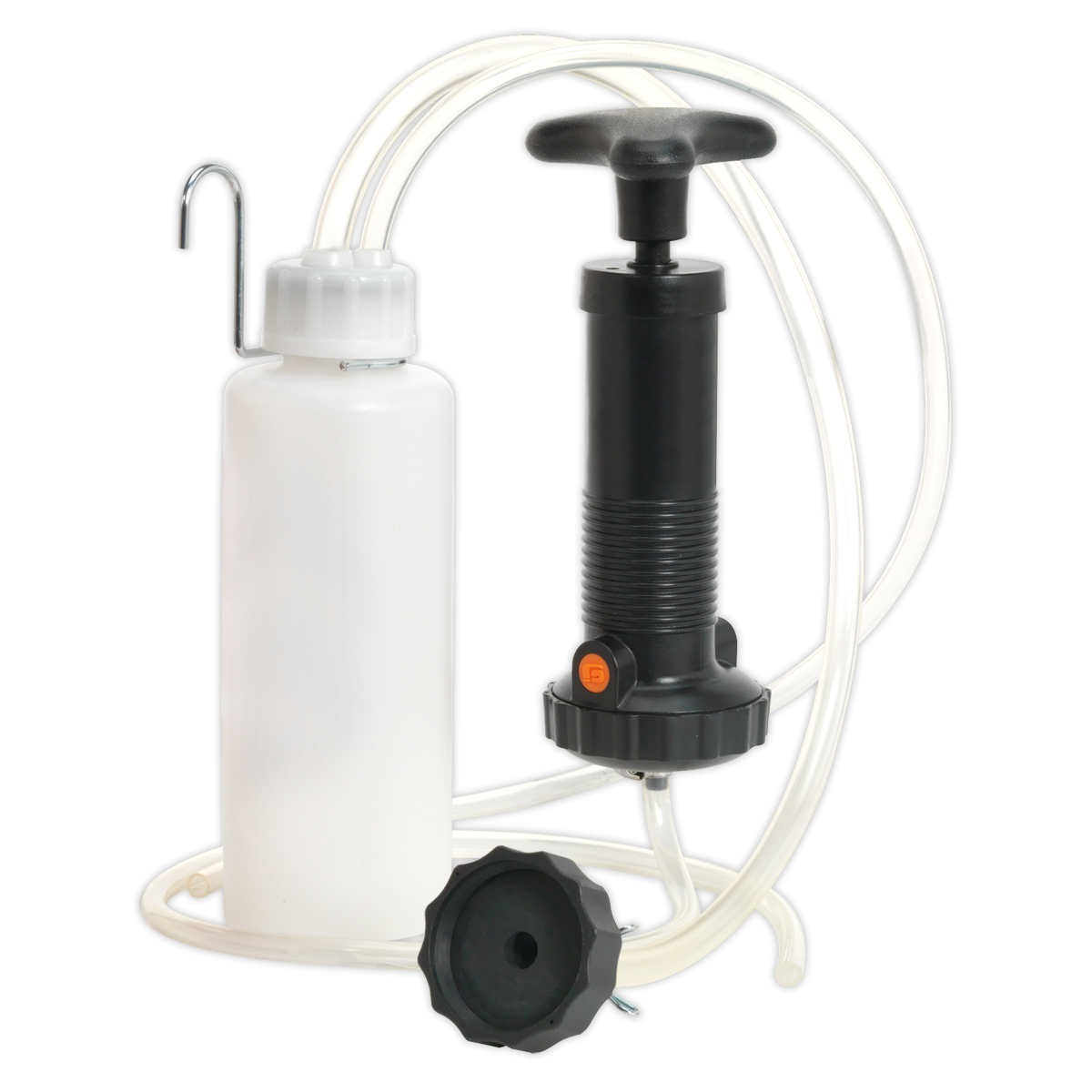 The Sealey Brake & Clutch Bleeder - VS1205 features a white plastic bottle, a black pump handle, a connecting tube, and a black screw-on cap, making it ideal for use as a brake bleeder.