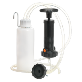 The Sealey Brake & Clutch Bleeder - VS1205 features a white plastic bottle, a black pump handle, a connecting tube, and a black screw-on cap, making it ideal for use as a brake bleeder.