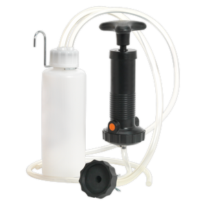 The Sealey Brake & Clutch Bleeder - VS1205 features a white plastic bottle, a black pump handle, a connecting tube, and a black screw-on cap, making it ideal for use as a brake bleeder.