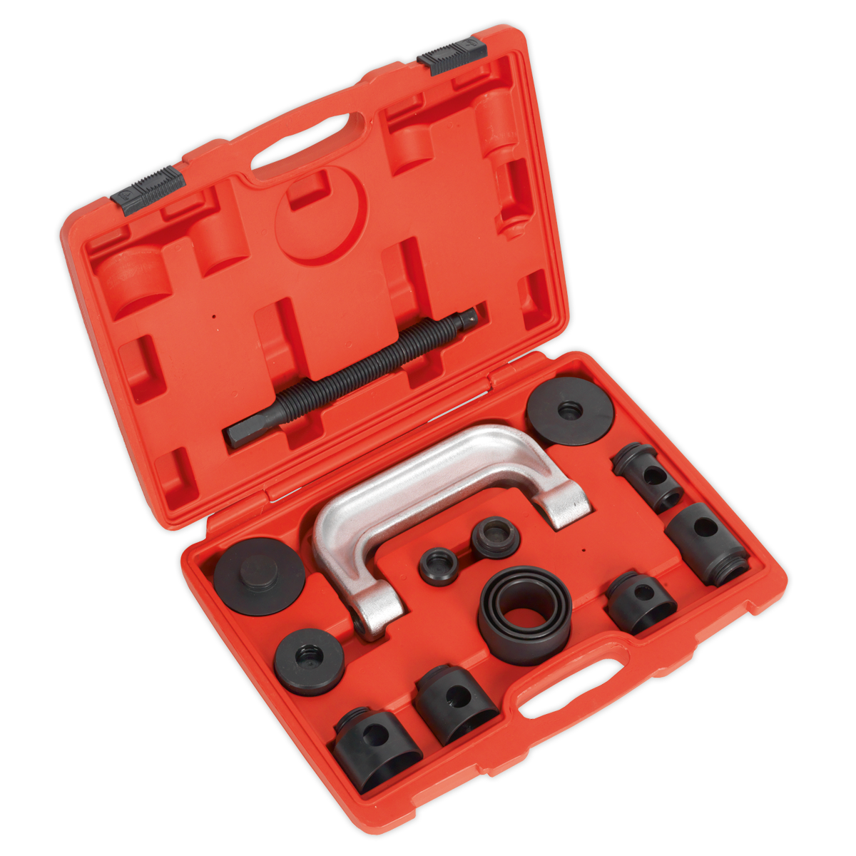 The Sealey Lower Ball Joint Remover/Installer 14pc Mercedes, Renault - VS1274 comes in a red, hard-shell carrying case and includes various attachments and components, such as specialized tools for front lower ball joints on Mercedes W220 models.