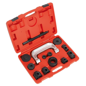 The Sealey Lower Ball Joint Remover/Installer 14pc Mercedes, Renault - VS1274 comes in a red, hard-shell carrying case and includes various attachments and components, such as specialized tools for front lower ball joints on Mercedes W220 models.