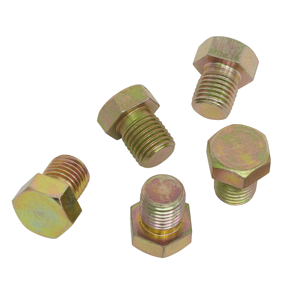 Five gold-colored hex bolts, part of the Sump Plug M13 - Pack of 5 - VS13SP from Sealey, are arranged on a white background.