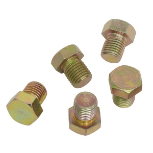 Five gold-colored hex bolts, part of the Sump Plug M13 - Pack of 5 - VS13SP from Sealey, are arranged on a white background.