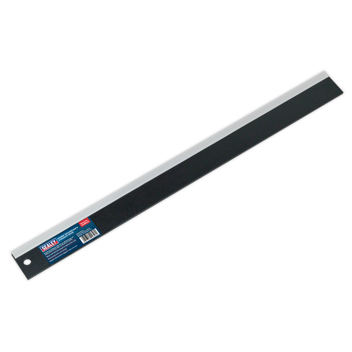 A Sealey Technician's Straight Edge 610mm - VS1481, featuring black steel construction with both metric and imperial measurements, perfect for precision tasks such as checking feeler gauges or measuring distances during engine overhauls.