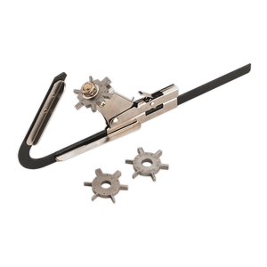 A Sealey Piston Ring Groove Cleaner - VS148, featuring an adjustable arm, a central screw mechanism, and three interchangeable 6-bladed cutters displayed separately.