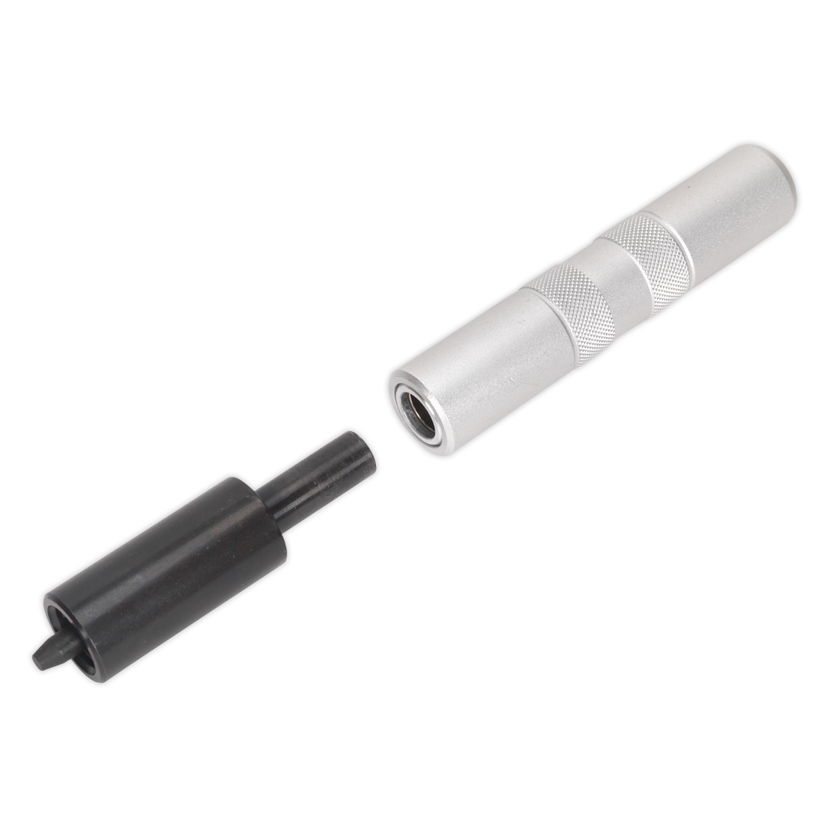 The Sealey Valve Collet Remover/Installer - VS1542, featuring a black plastic cylindrical end and a textured metal handle, disassembled into two parts, is shown against a white background.