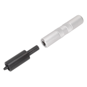 The Sealey Valve Collet Remover/Installer - VS1542, featuring a black plastic cylindrical end and a textured metal handle, disassembled into two parts, is shown against a white background.