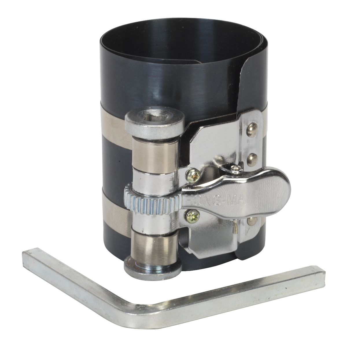 A Sealey Piston Ring Compressor 75mm Ø60-125mm, model VS155, featuring a black sprung steel wrap and a metallic adjustment mechanism, accompanied by a steel key.