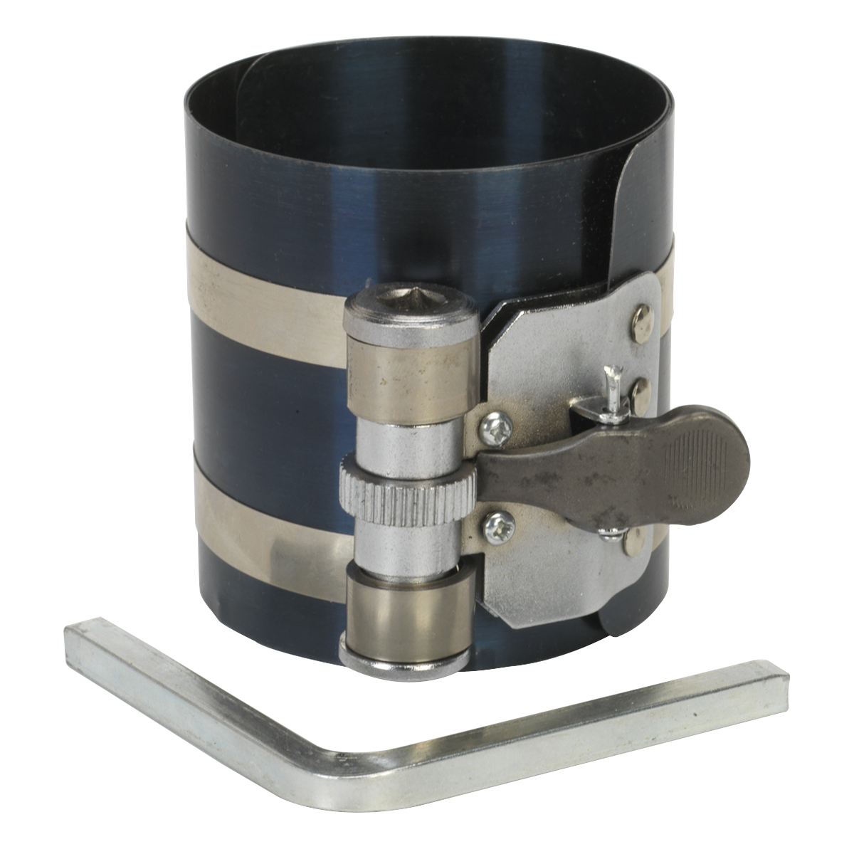 A Sealey Piston Ring Compressor 75mm Ø60-175mm - VS156 with a ratchet action tension mechanism sits beside an L-shaped Allen wrench.