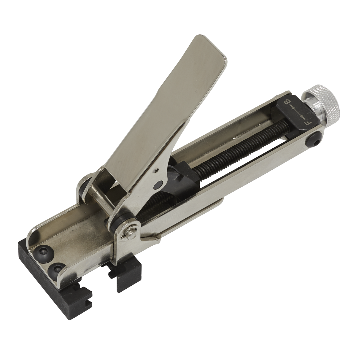 The Spring Hose Clip Tensioner Tool - VS1575 by Sealey is a metal lever-action tool with a clamping mechanism and serrated gripping edges, designed for single-handed use in confined areas, making it ideal for securing or manipulating objects.