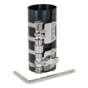 Sealey's Piston Ring Compressor 150mm Ø60-150mm - VS158 features a black and silver design with a sprung steel wrap and an attached hex key.