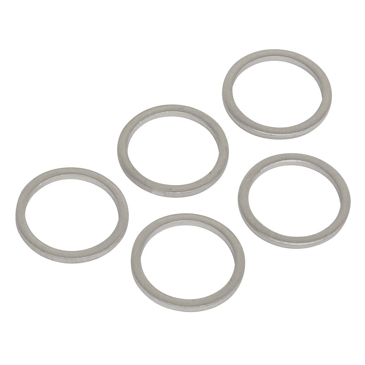 Five metal washers arranged in a loose pattern on a white background, reminiscent of those found in Sealey's Sump Plug Washer M15 - Pack of 5 (VS15SPW).