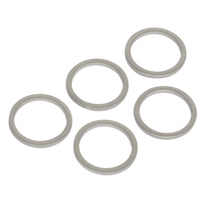 Five metal washers arranged in a loose pattern on a white background, reminiscent of those found in Sealey's Sump Plug Washer M15 - Pack of 5 (VS15SPW).